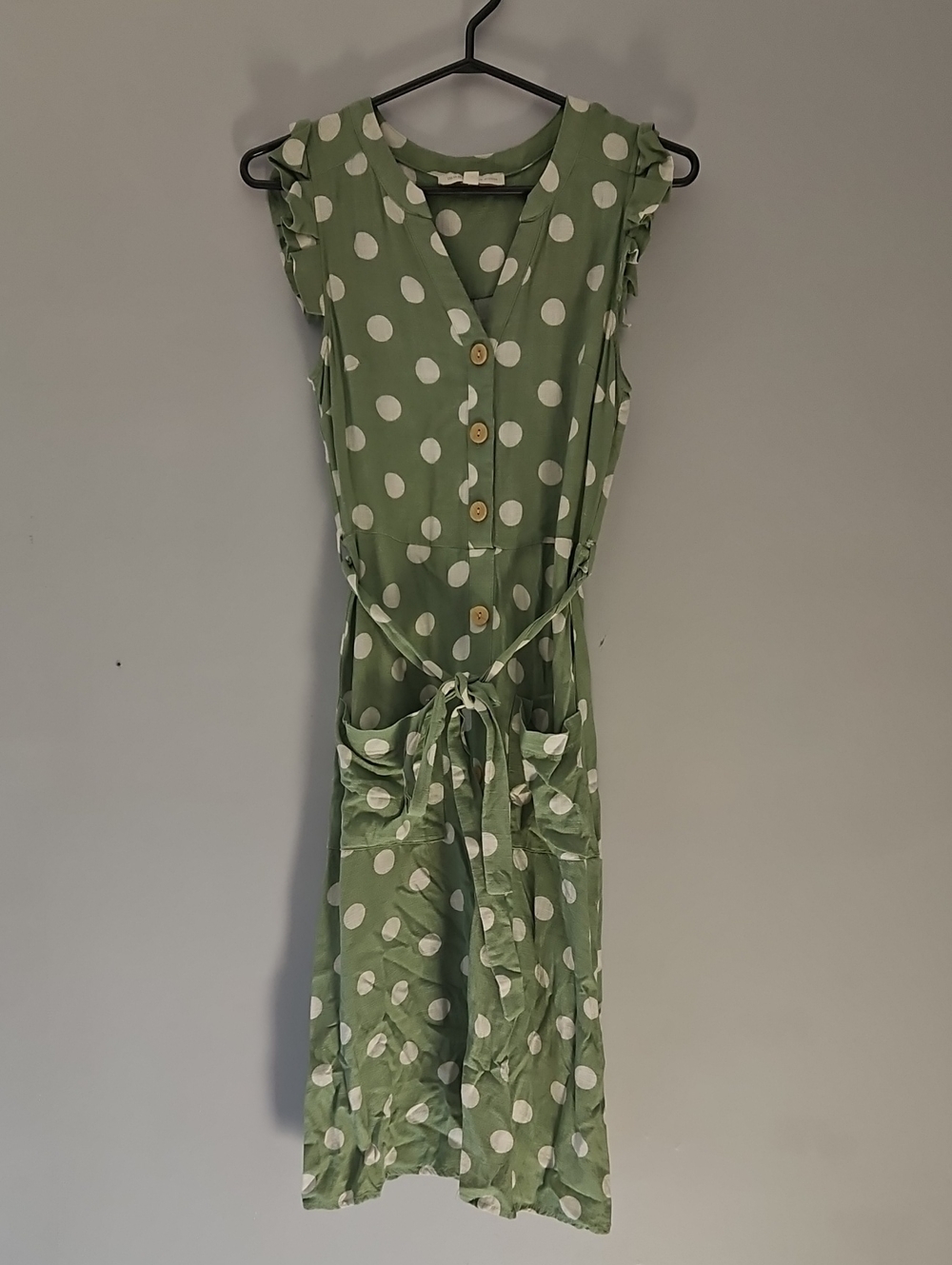 Monteau Sage Green & White Polka Dot Tie Waist Midi Dress XS Cottagecore